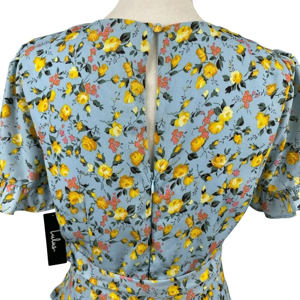 Lulus Feeling Butterflies Blue Floral Boho Tiered Ruffle Mini Dress Medium - Picture 8 of 12